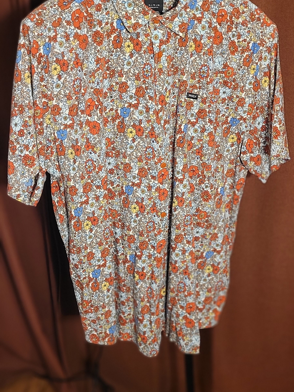 RVCA Orange Floral Short-Sleeve Button-Down Shirt with Blue and Yellow Details